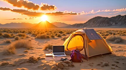 Desert tent with solar panel and laptop, sunset, low angle, adventurous spirit