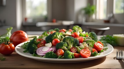 {A photorealistic depiction of a healthy farmer's market salad, showcasing a plate filled with fresh ingredients like broccoli, tomatoes, and onions. The image should capture the vibrant colors and te - Powered by Adobe