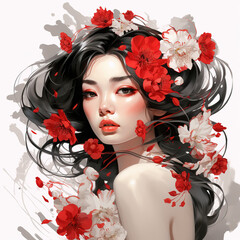 Beautiful geisha with red flowers in her hair