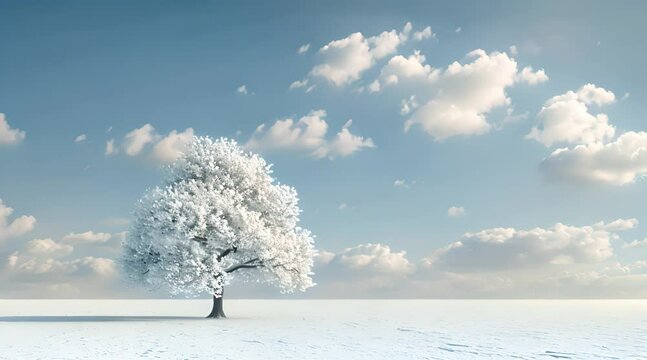 A lone, snow-covered tree in a vast, empty landscape, embodying solitude and calm
