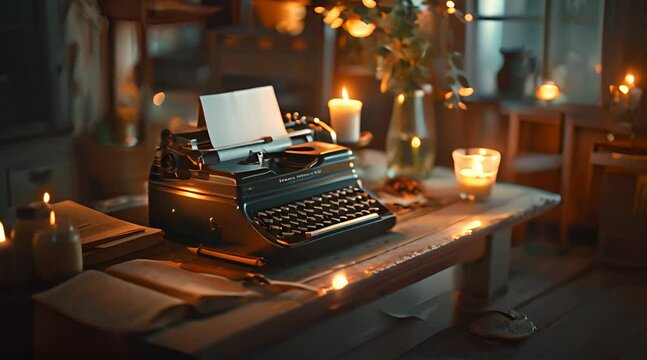 Writer s nook with vintage typewriter, candlelit, close view, moody creativity