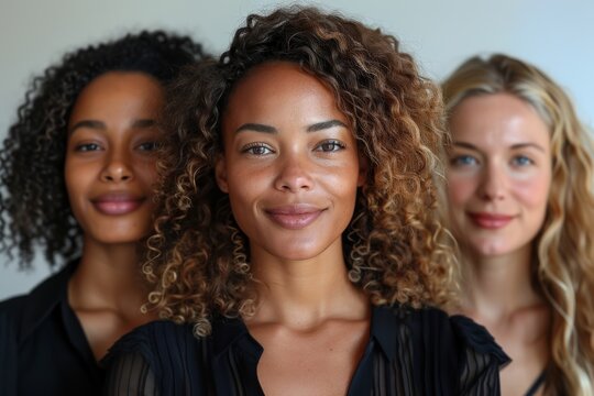 A portrait featuring a focused on a lovely woman with curly hair among a diverse group