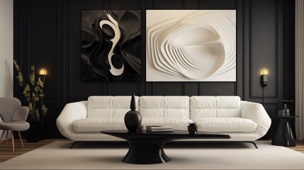 Artistic sculptures and abstract paintings providing pops of contrast against the smooth surface of the 3D jet black color wall behind the pristine white sofa.