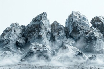 A serene yet haunting presentation of mountainous rocky terrains enveloped in thick mystic fog