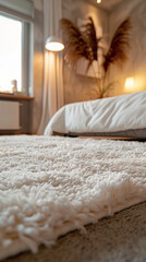 Fototapeta na wymiar Close-up of a plush area rug in a contemporary bedroom, scandinavian style interior