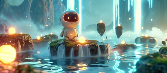 Robotic Cyborg Floating in Surreal Dreamscape of Waterfalls Islands and Glowing Orbs - obrazy, fototapety, plakaty