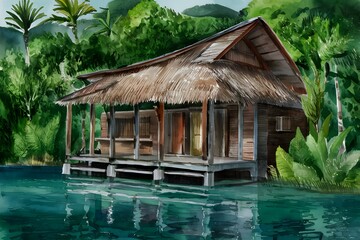 Watercolored serene image of traditional Bahay Kubo dwelling