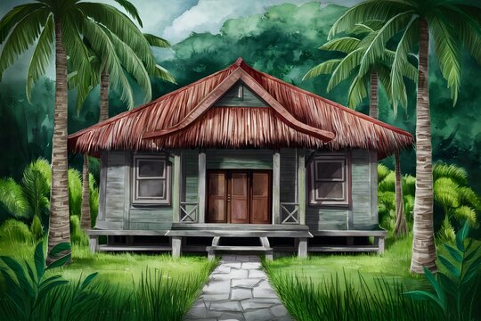 Watercolored serene image of traditional Bahay Kubo dwelling