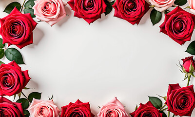 Blank white background with pink and red roses border. Can be used as background. Design for mother's, valentine's day and spring. Banner format with large copy space.