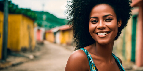 Portrait of a happy Brazilian young woman walking in a poor favela street.
