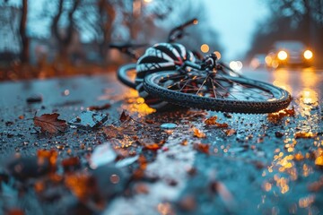 A vibrant yet moody image captures a fallen bike on a rain-soaked road strewn with autumn leaves - obrazy, fototapety, plakaty