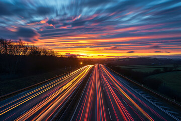 a long exposure picture captured at sunset of the highway.