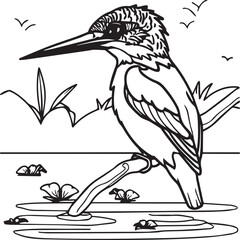 Fototapeta premium Kingfisher coloring page. A black and white drawing of kingfisher.