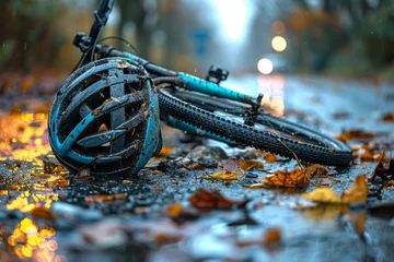 Foto auf Alu-Dibond A vivid image showing a bicycle and a helmet lying on wet ground covered with autumn leaves and mud © Larisa AI