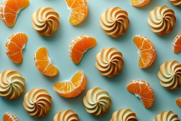 Fototapeta na wymiar Orange meringue cookies arranged in a flat lay style on a vibrant blue background viewed from the top