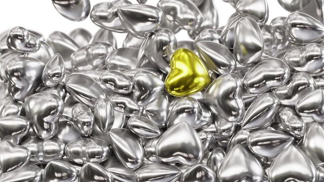 Realistic DOF camera 3D animation of the satin silver hearts and one gold heart falling from the top filling up the volume rendered in UHD with alpha matte