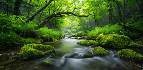 Obraz premium A serene and lush forest with vibrant green trees, a clear stream flowing through the center of the frame, moss-covered rocks on both sides. 
