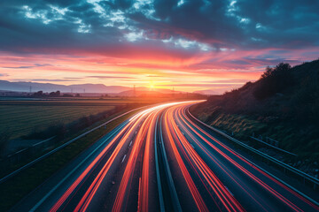 a long exposure picture captured at sunset of the highway.