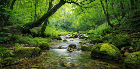 Obraz premium A serene and lush forest with vibrant green trees, a clear stream flowing through the center of the frame, moss-covered rocks on both sides. 