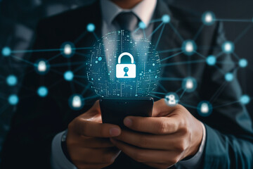 Businessman protecting data personal information on smartphone. Cyber security network concept