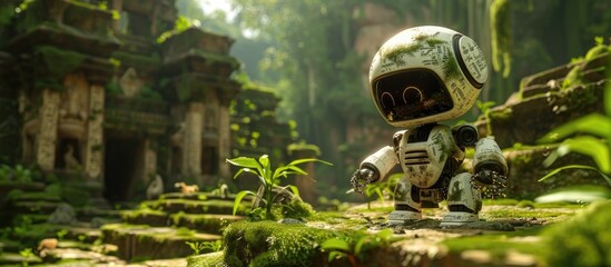 Chubby Robot Exploring Overgrown Ancient Temple Ruins Shrouded in Mysterious Jungle Foliage