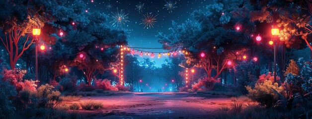 Holiday event with music festival in city park at night. Dark urban public garden landscape with fireworks over stage for concert. Cartoon vector illustration of scene for outdoor entertainment - obrazy, fototapety, plakaty