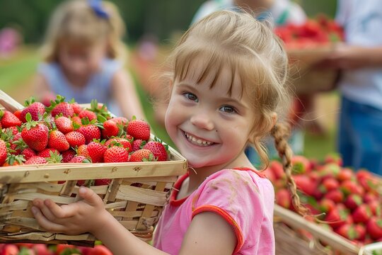 A joyful young girl holding a basket of ripe strawberries on a sunny day at a strawberry picking farm. AI Generation