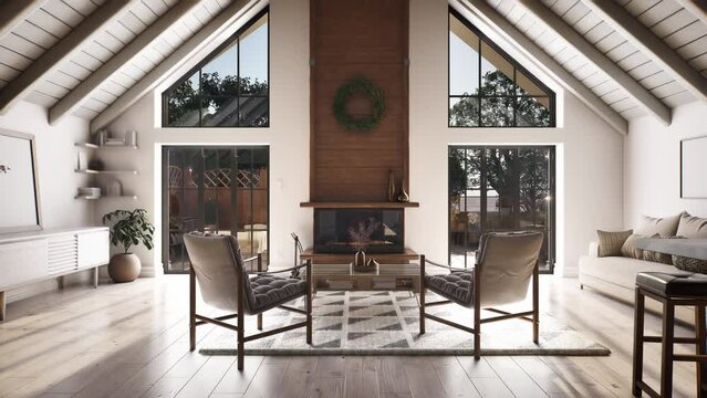 Large living room inside a wooden home with high ceiling, camera zooms into large terrace doors. 3D render.