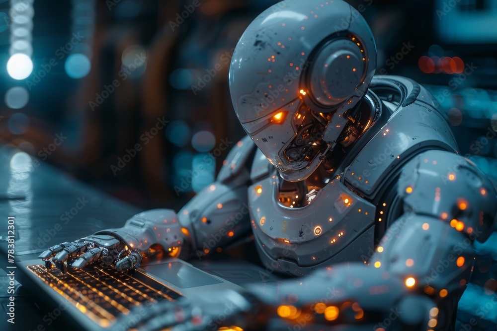Poster in-depth view of a future robot using a holographic interface, representing ai and technological pro