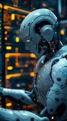 Fototapeta premium Futuristic silver-toned artificial intelligence robot engaged in intricate programming tasks in a high-tech laboratory with prominent neon lighting