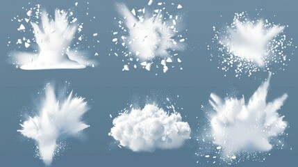 White powder explosion, snow burst with flying ice particles and snowflakes. Modern realistic set of exploding white dust clouds isolated on transparent background. - obrazy, fototapety, plakaty