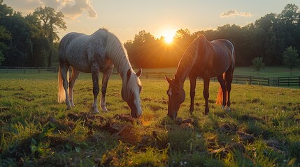   Two horses graze in a field as the sun sets, backdrop of trees and foreground of lush grass