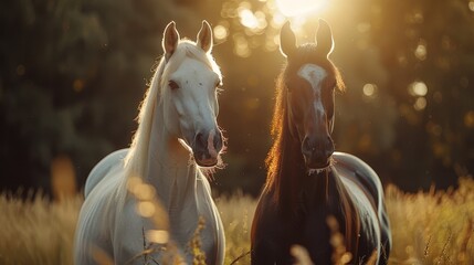   A pair of horses standing side by side in a tall grass field, sun illuminating trees behind - obrazy, fototapety, plakaty