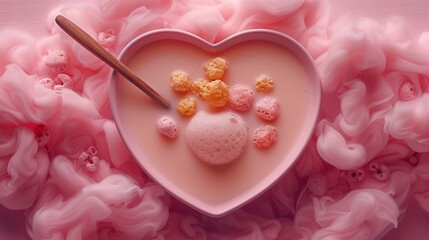   A heart-shaped bowl holds marshmallows and is topped with a scoop of vanilla ice cream