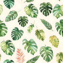 Trendy tropical seamless background pattern with watercolor style.