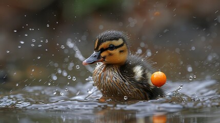   A duck submerged in water, holding an orange in its beak against a blurred background - obrazy, fototapety, plakaty