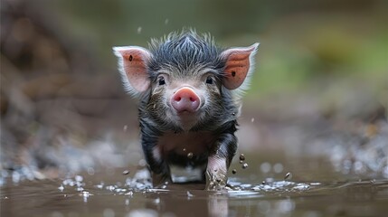   A small pig wades in a body of water, its head emerging from the surface