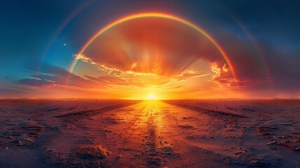 Naklejka premium A sunset with a rainbow arching across the middle of the sky