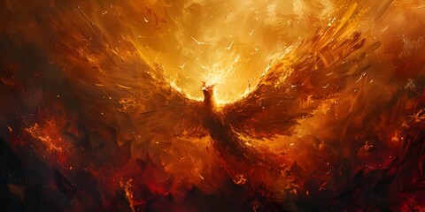 Majestic Phoenix Rising from the Ashes in a Glowing Celestial Inferno of Fiery Hues - obrazy, fototapety, plakaty