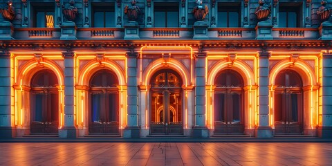 Opulent Architectural Facade Illuminated by Captivating Neon Lights in Historic City Nightscape