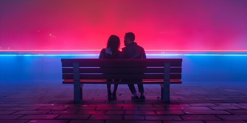 Fototapeta na wymiar Couple Sharing a Quiet Moment on a Neon Illuminated Bench in the Vibrant City Nightscape