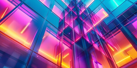 Neon Lit Geometric Patterns on Sleek Modern Architecture Blending Technology and Design in...