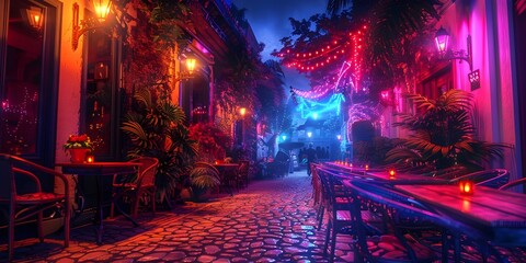 The Enchanting Glow of an Intimate Cafe Terrace on a Vibrant City Street Bathed in Neon Lights and...