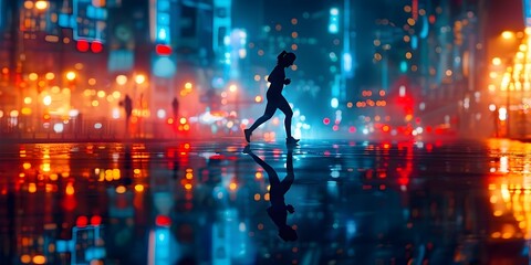 Jogger s Silhouette in Illuminated Cityscape Finds Solitude Amid Neon Glow