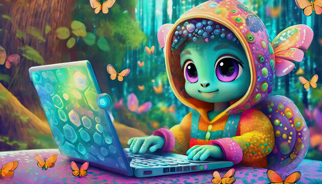 oil painting style cartoon character Multicolored Close up of baby butterfly cartoon character hacker