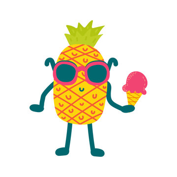 Cute happy funny pineapple wearing glasses. Isolated on a white background.