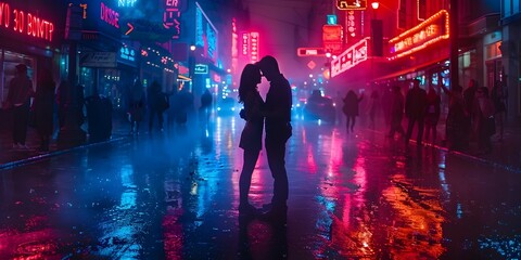 Obraz premium Romantic Couple Dancing Under Neon Lights in Rainy City Streets