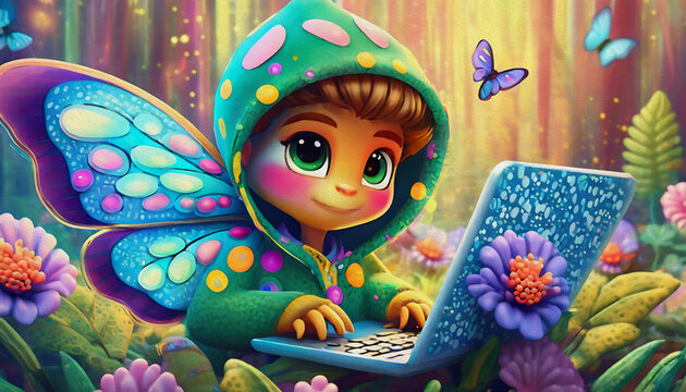 oil painting style cartoon character Multicolored Close up of baby butterfly cartoon character hacker