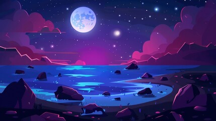 The night seascape view is an ocean or sea scene with shallow water or land without rocks in dark water under starry skies with a full moon in the background. Cartoon modern illustration of the calm - obrazy, fototapety, plakaty