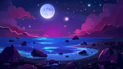 Papier Peint photo Violet The night seascape view is an ocean or sea scene with shallow water or land without rocks in dark water under starry skies with a full moon in the background. Cartoon modern illustration of the calm